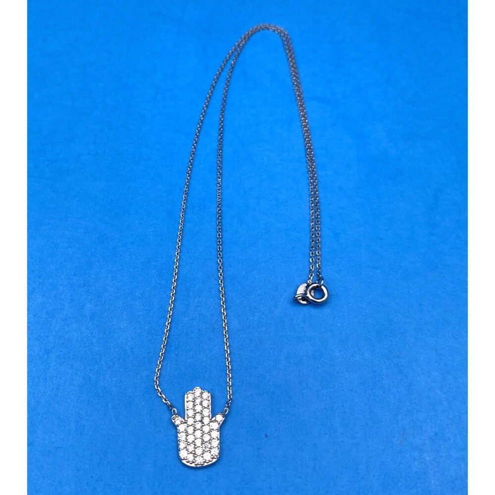S925 Sterling Silver CZ Hamsa Hand Necklace 16in Pavé Judaica Protection Pendant